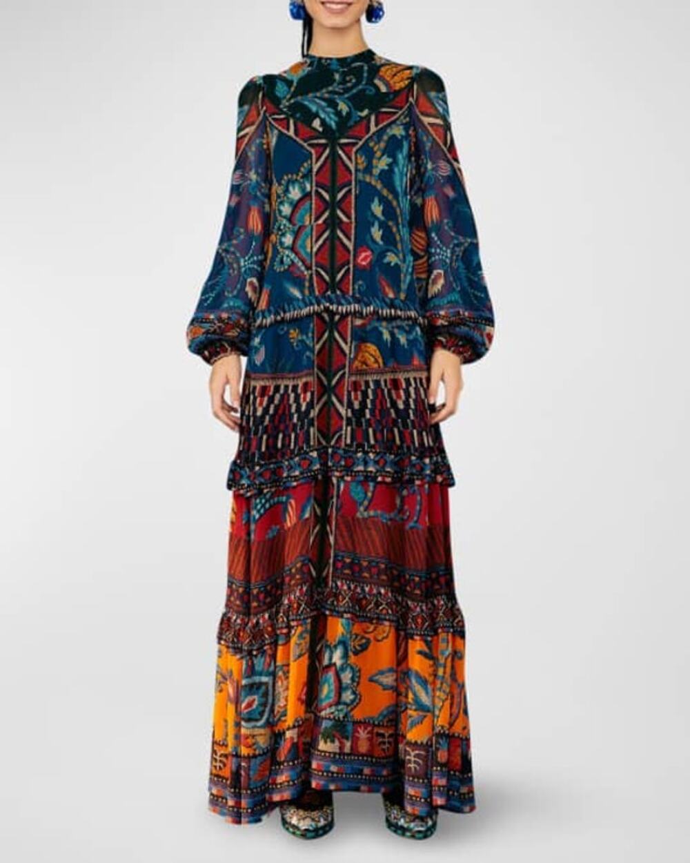 Farm Rio Anika Tapestry Tiered navy blue maxi dress size XL